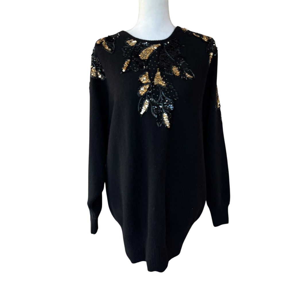 Jane‎ Ashley Black Lambswool Angora Sequin Beaded Embellished Sweater L